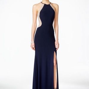 Navy blue Xscape halter dress with beaded back and slit!